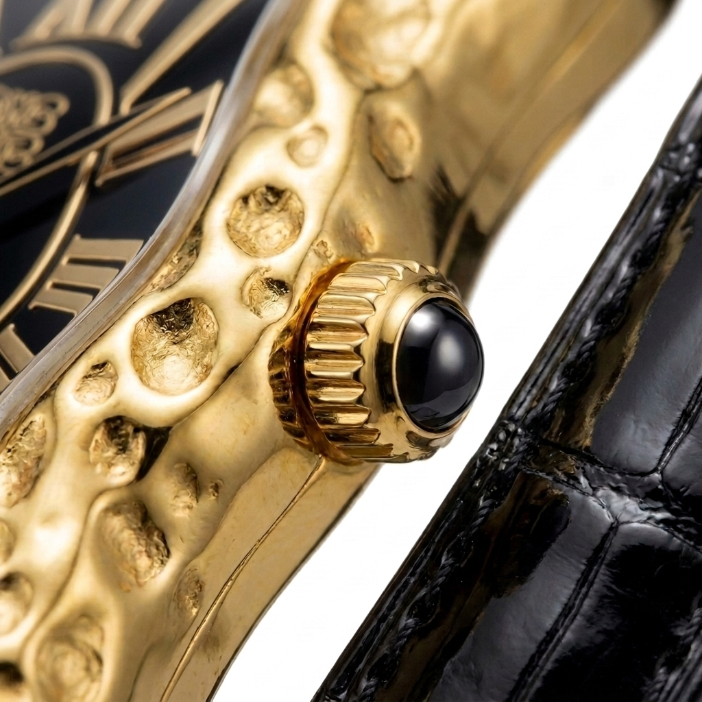 Belvaur Gold Crash Black Dial — crown detail with cabochon