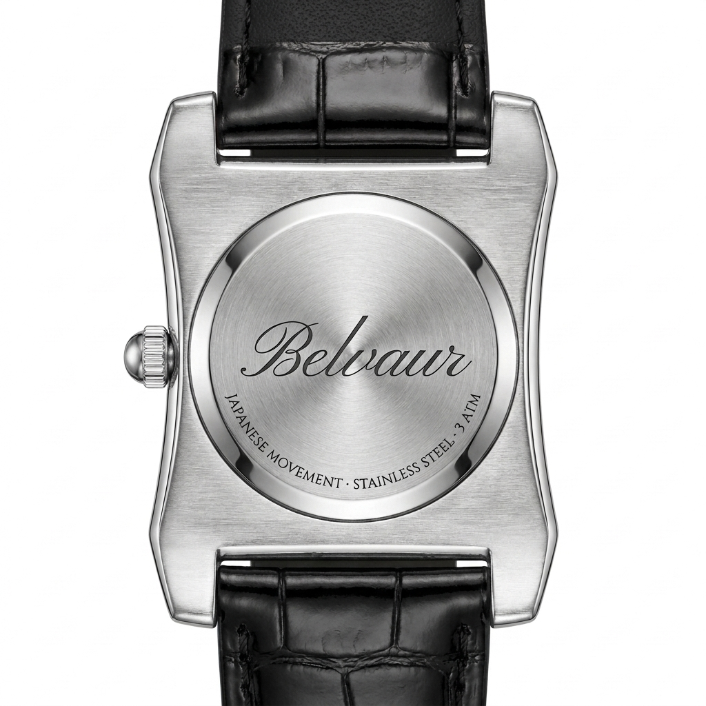 Belvaur Guichet Noir — caseback with Pinyon Script engraving